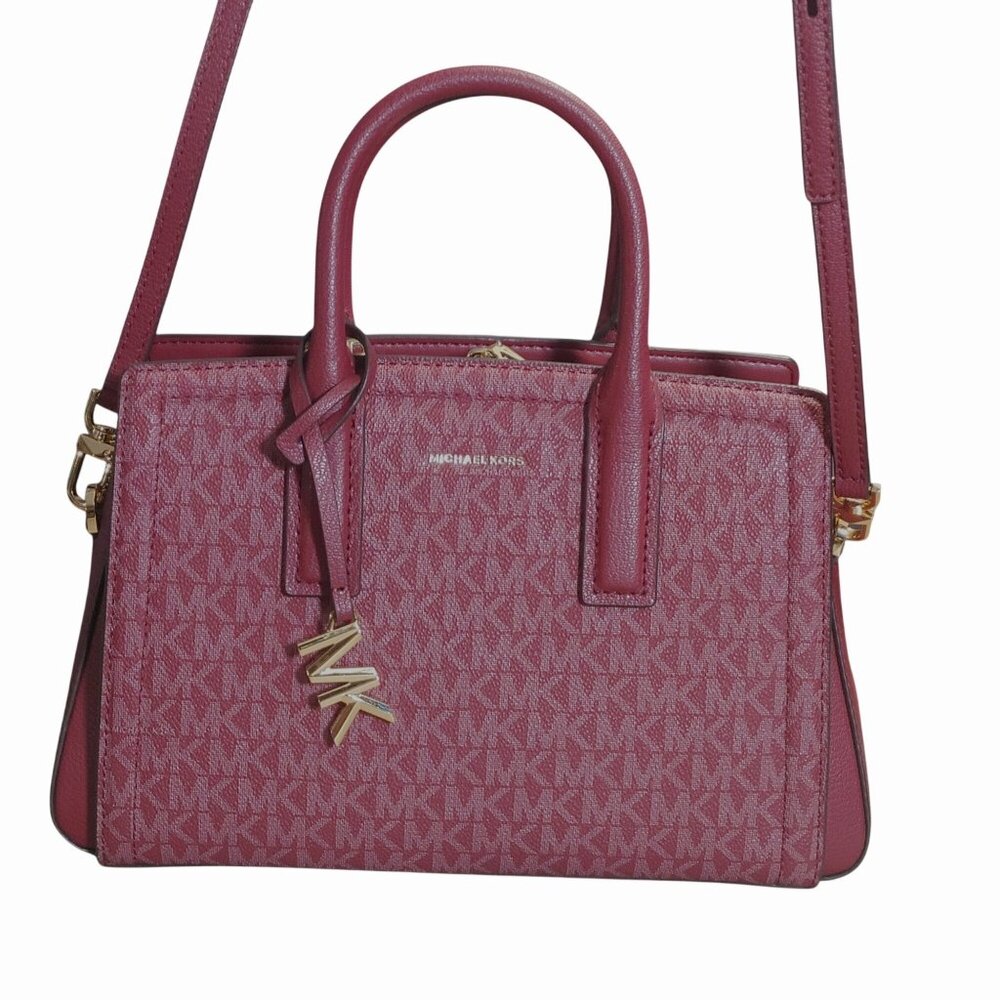 Michael Kors Laila Satchel Bag Small Mulberry MK Logo Print Adjustable Strap